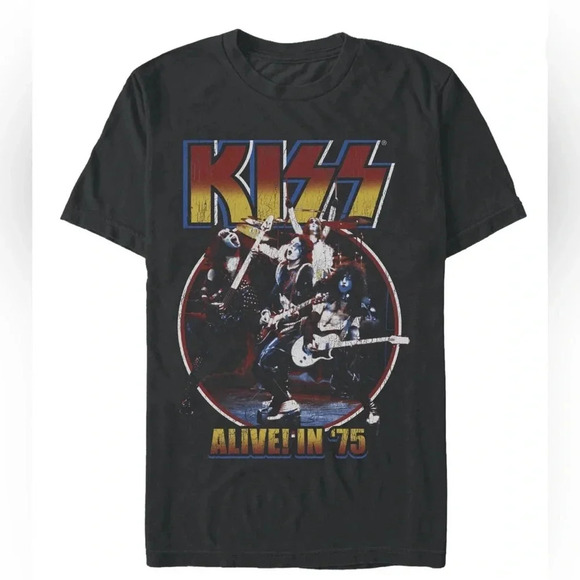 KISS, Men's Graphic Crew Neck T-Shirt, Alive In 75, - Picture 1 of 6